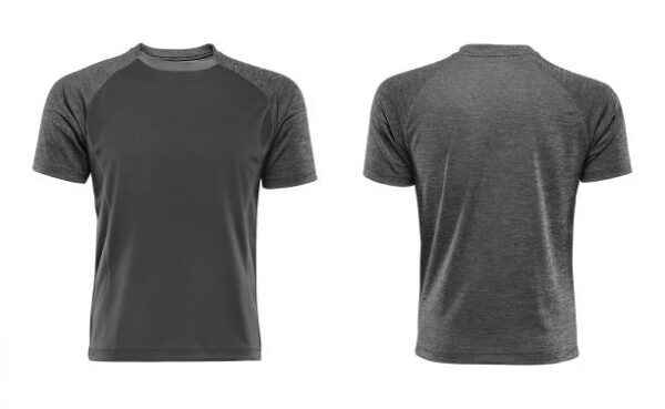 Blank gray t shirt, front and back view isolated on white background.